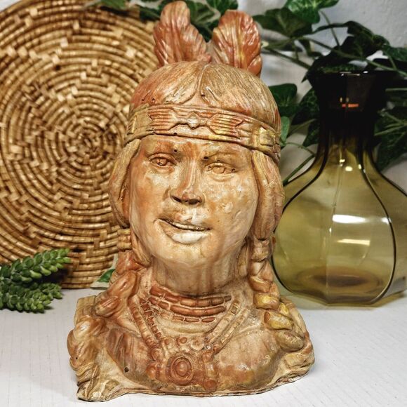 Vintage Native American Indian Woman Statue Swirl Clay Resin Carved Sculpture - Picture 12 of 16